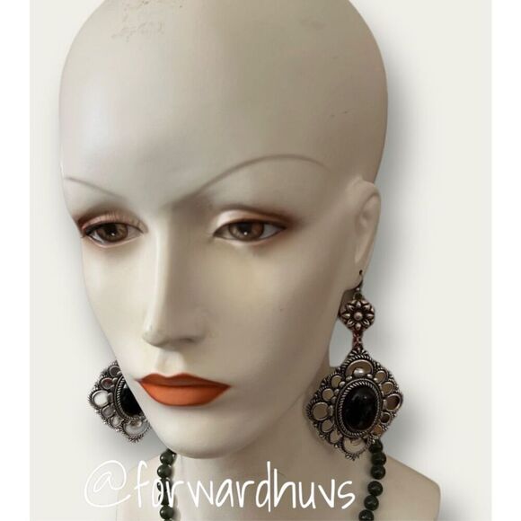 Oversized Silver Tone Dangle Earrings with Black Center - Picture 4 of 8